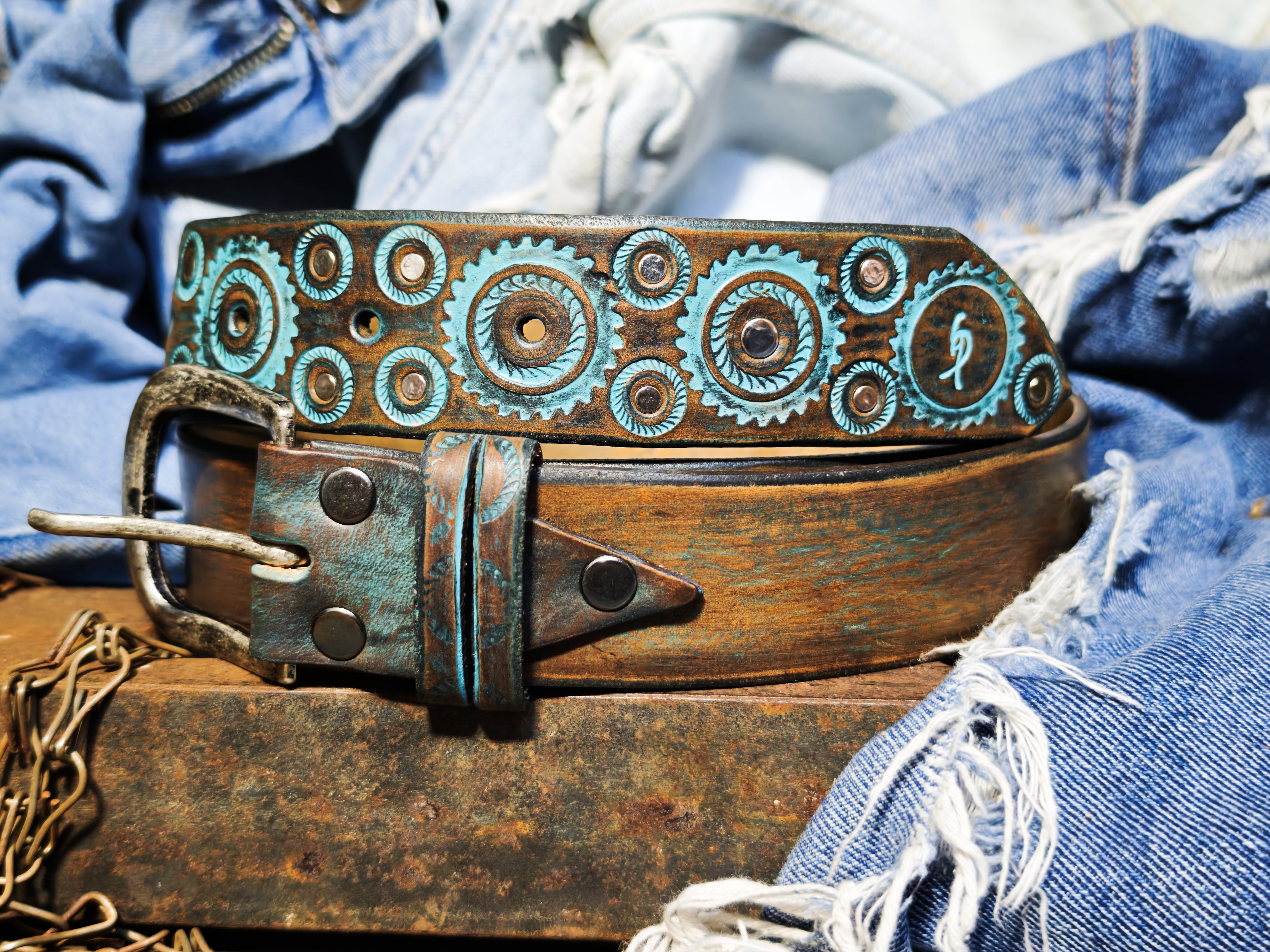 Handmade Brown Leather Belt – Turquoise Motorcycle Gear Design