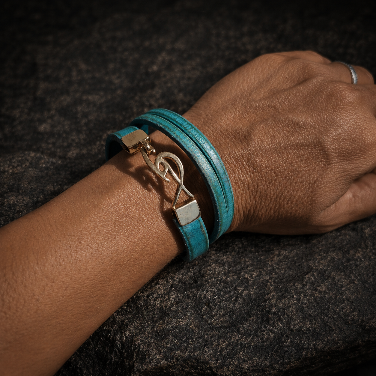 Mens  Turquoise Leather Wrap Bracelet with Signature Gold Plated Logo Clasp