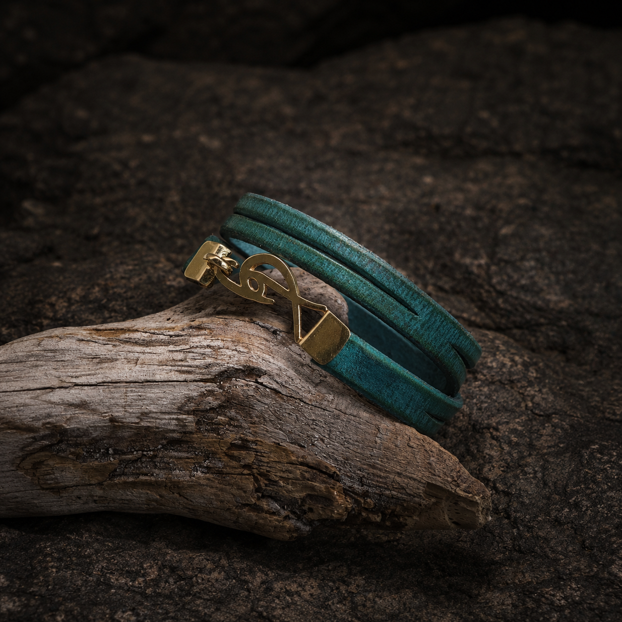 Mens  Turquoise Leather Wrap Bracelet with Signature Gold Plated Logo Clasp