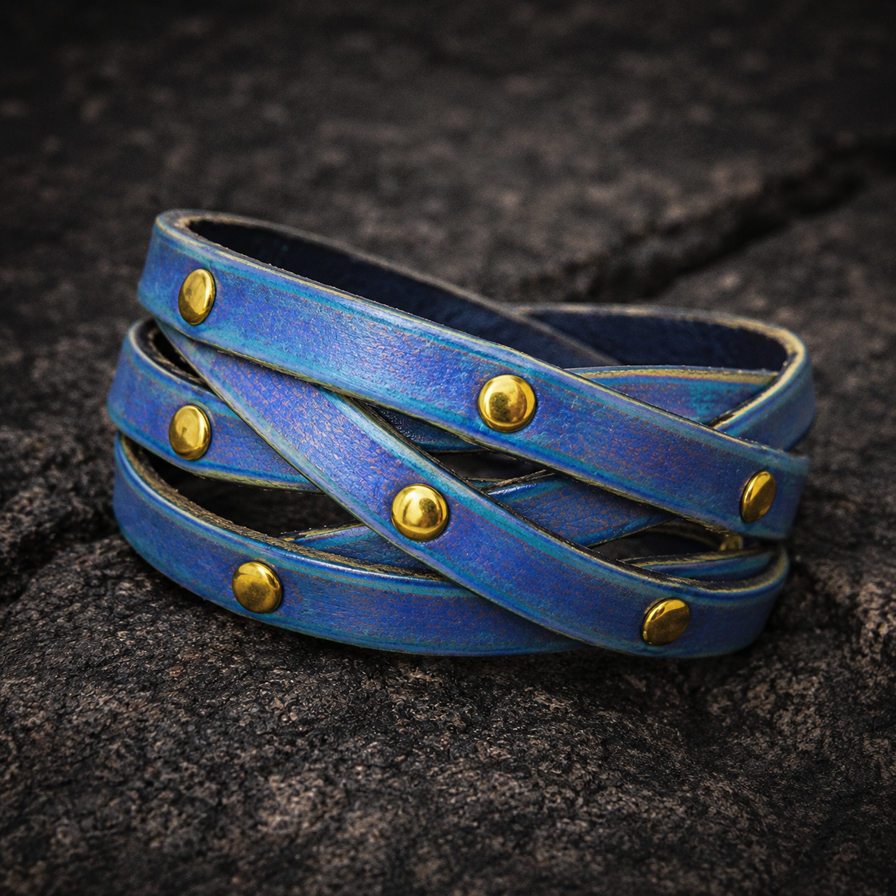 Women's Handmade Purple Leather Bracelet with Turquoise Wash and Elegant Gold pieces