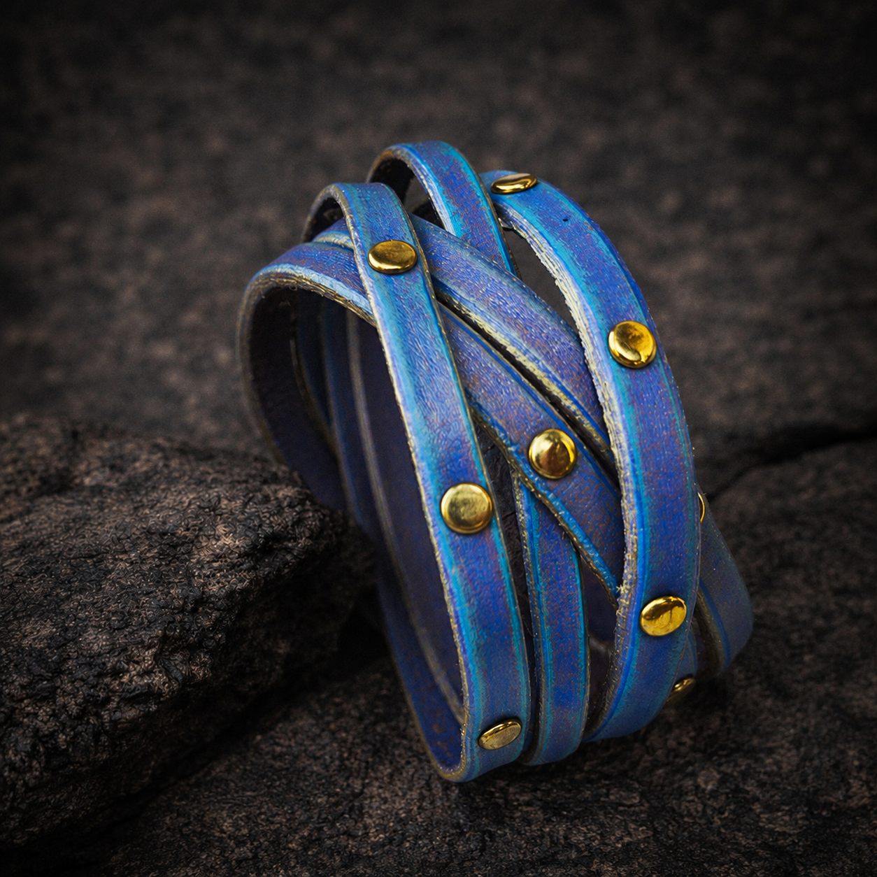 Women's Handmade Purple Leather Bracelet with Turquoise Wash and Elegant Gold pieces