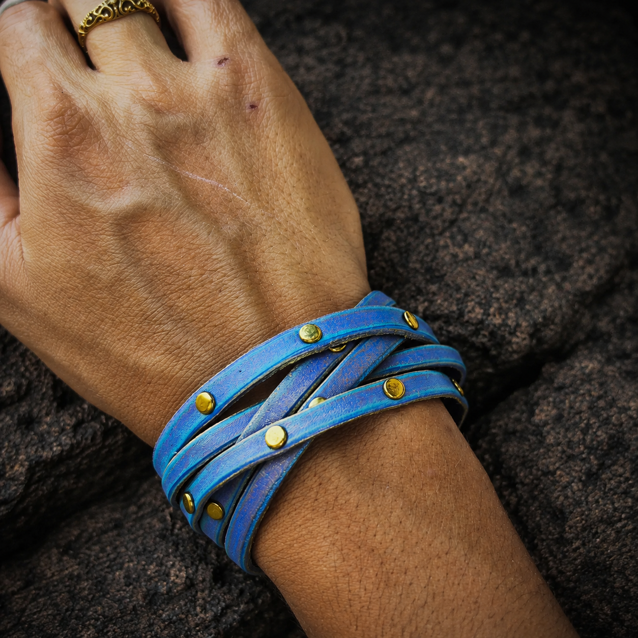 Women's Handmade Purple Leather Bracelet with Turquoise Wash and Elegant Gold pieces