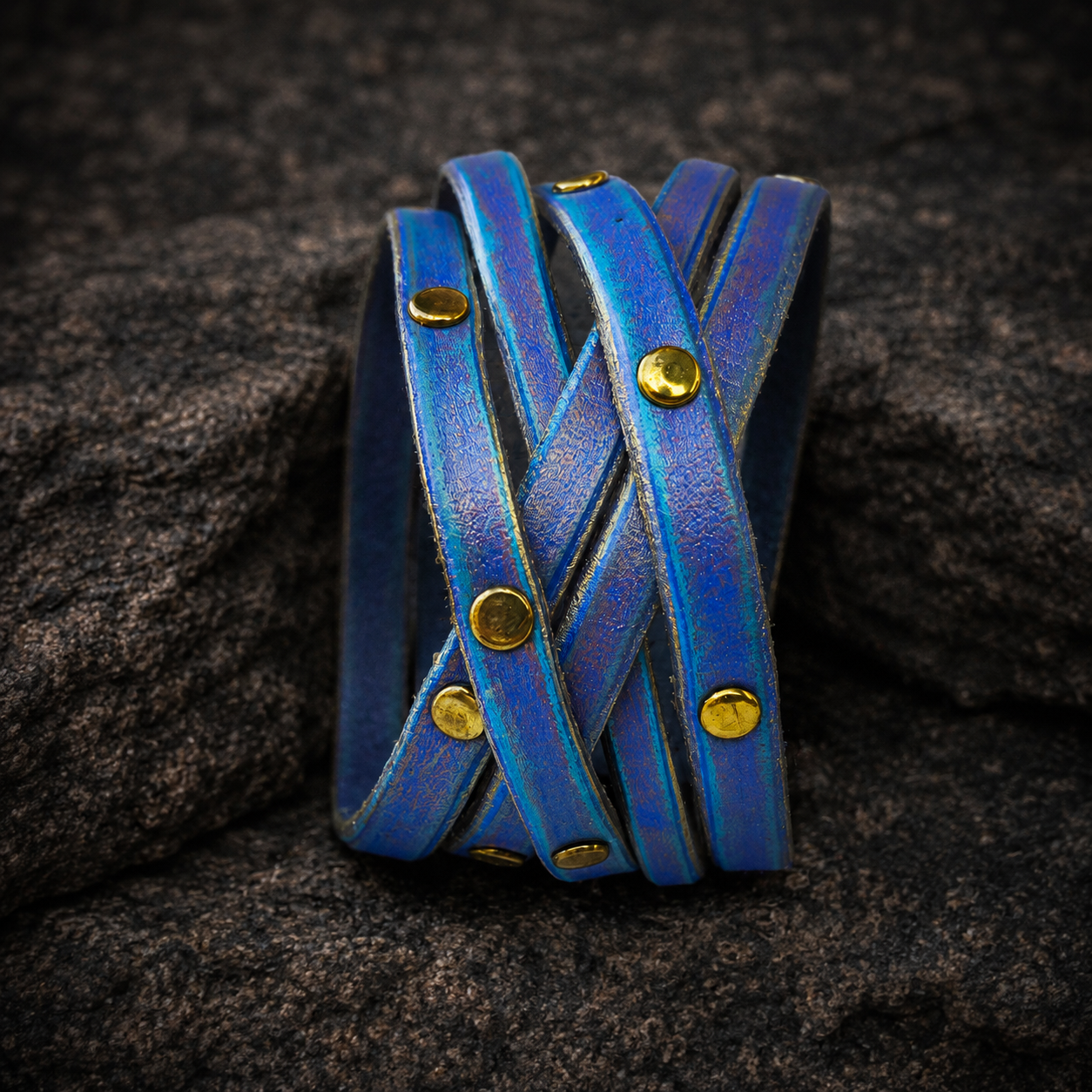 Women's Handmade Purple Leather Bracelet with Turquoise Wash and Elegant Gold pieces
