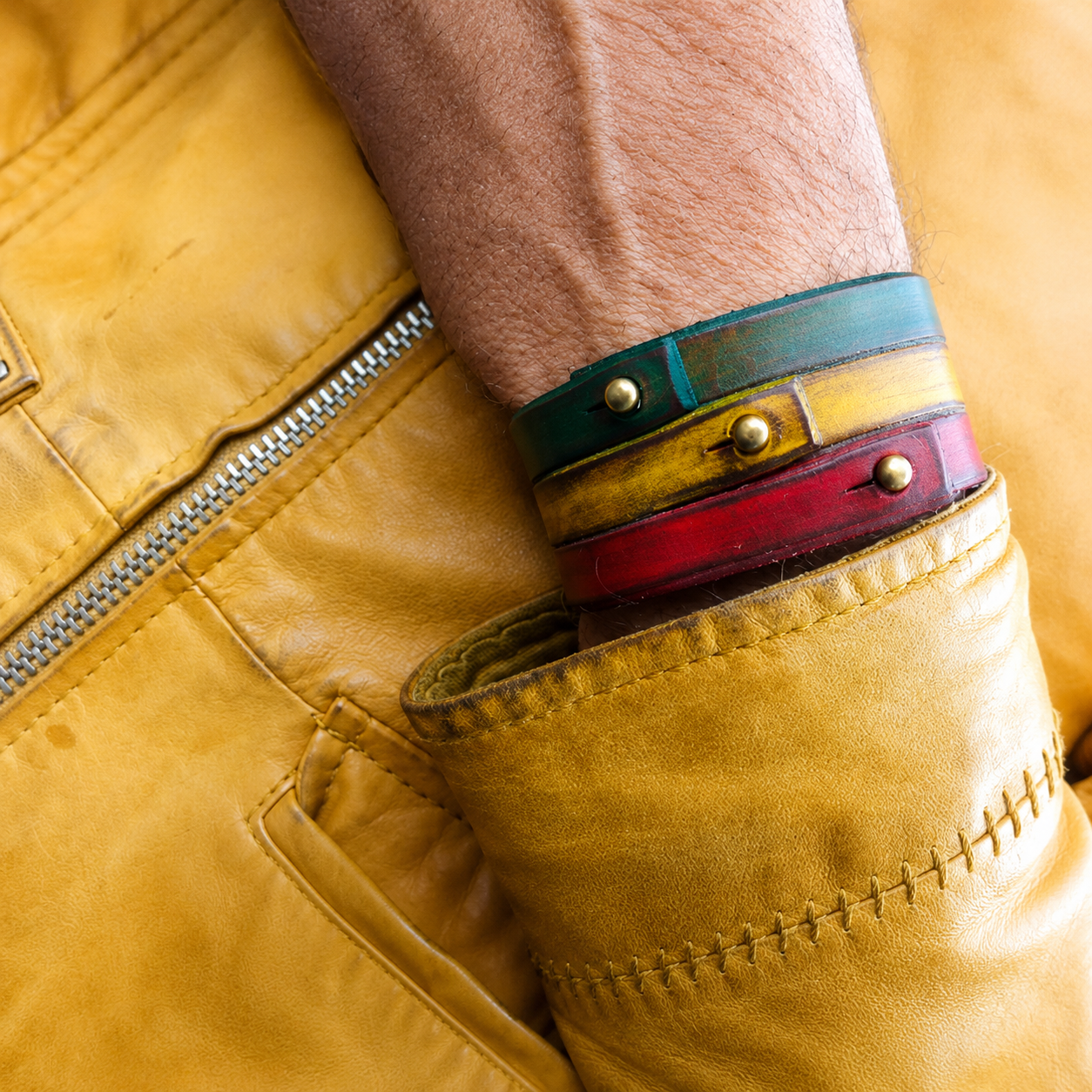 Rasta Leather Cuff Bracelet - Red Yellow Green - Handcrafted by Ishaor