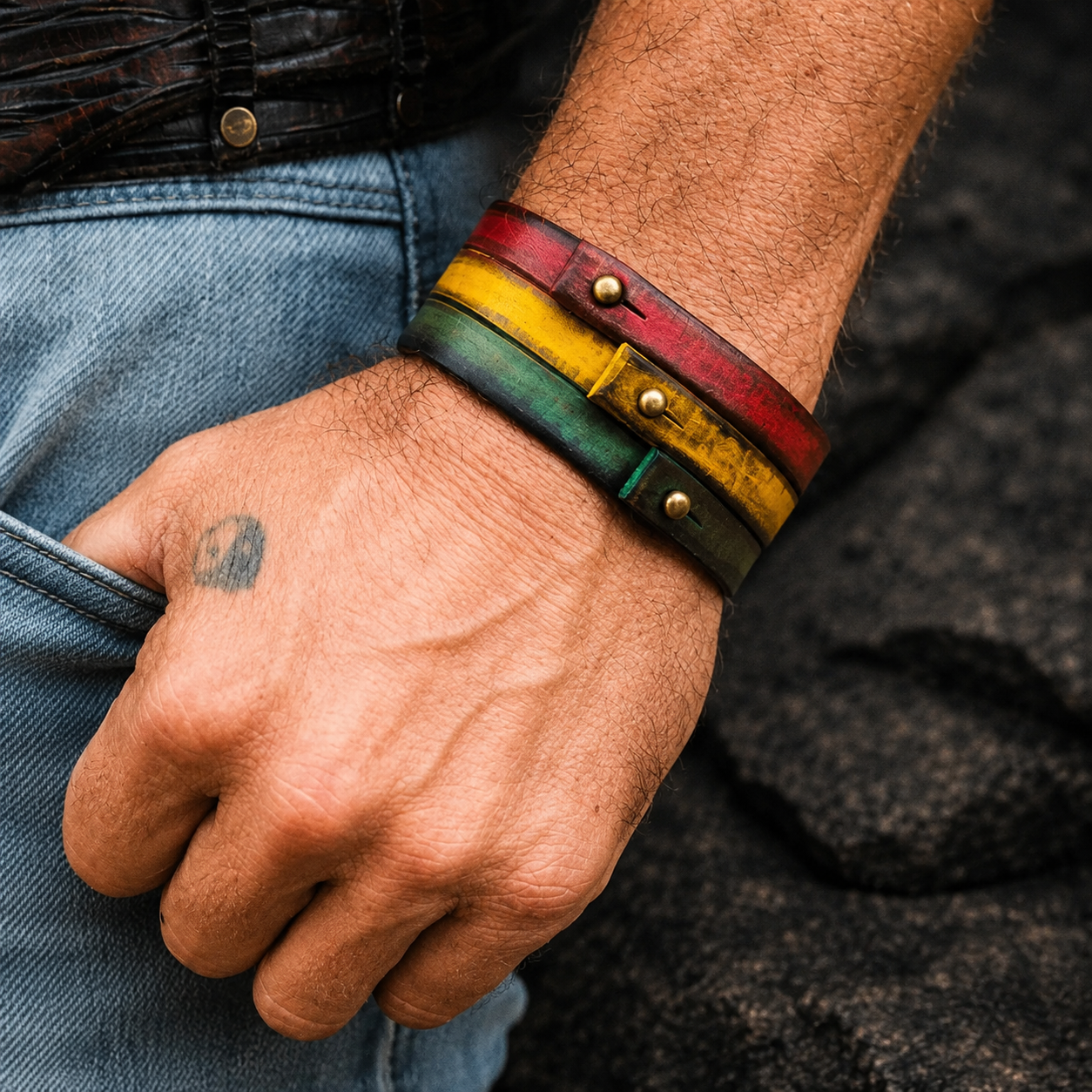 Rasta Leather Cuff Bracelet - Red Yellow Green - Handcrafted by Ishaor