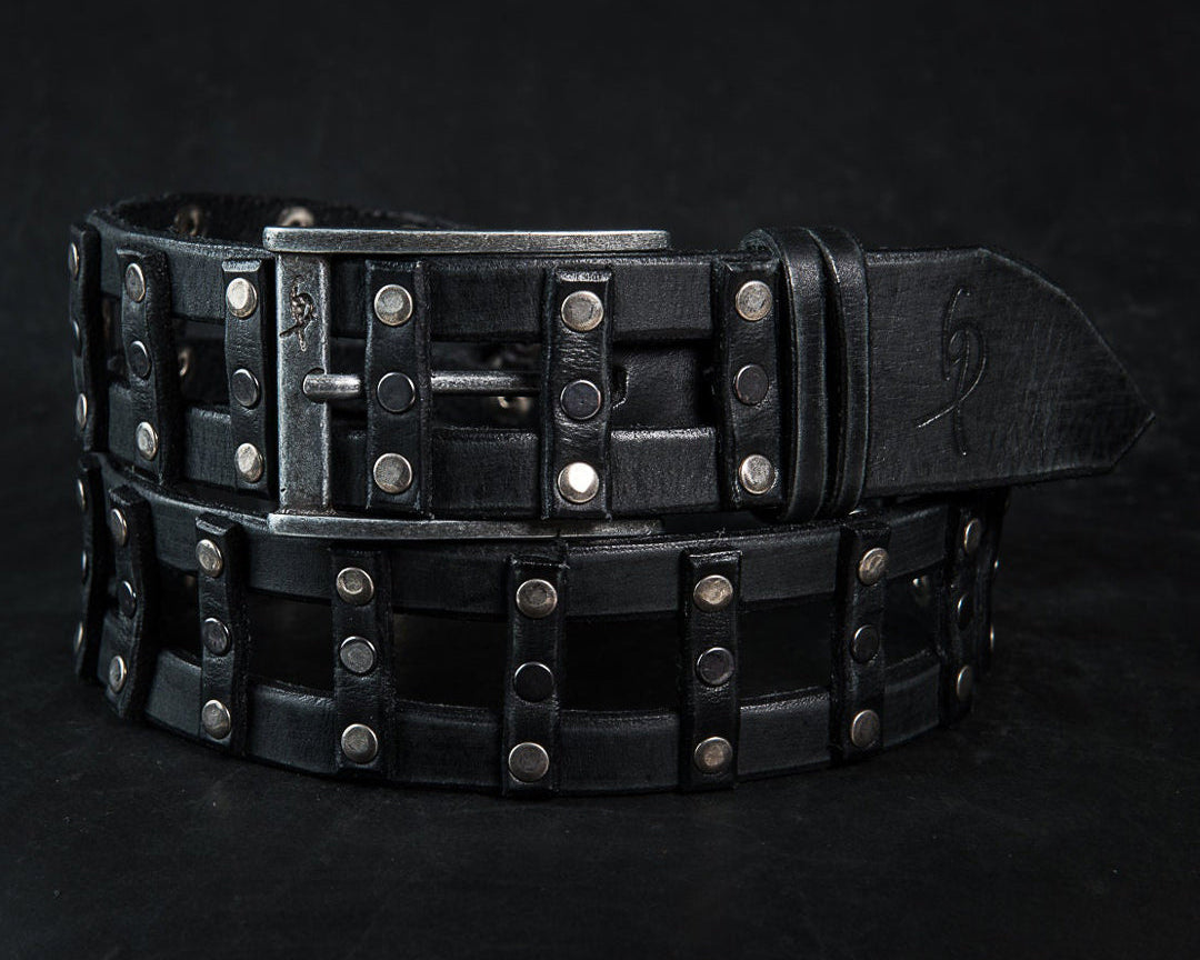 Stylish Handcrafted Rivet Studded Black Leather Mens Belt - Unique Artisan Design for Mens Fashion