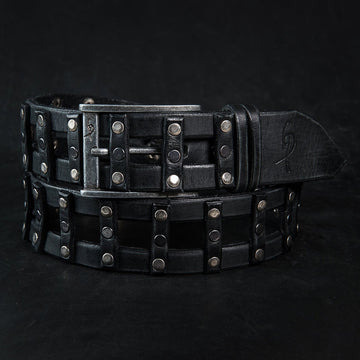 Stylish Handcrafted Rivet Studded Black Leather Mens Belt - Unique Artisan Design for Mens Fashion