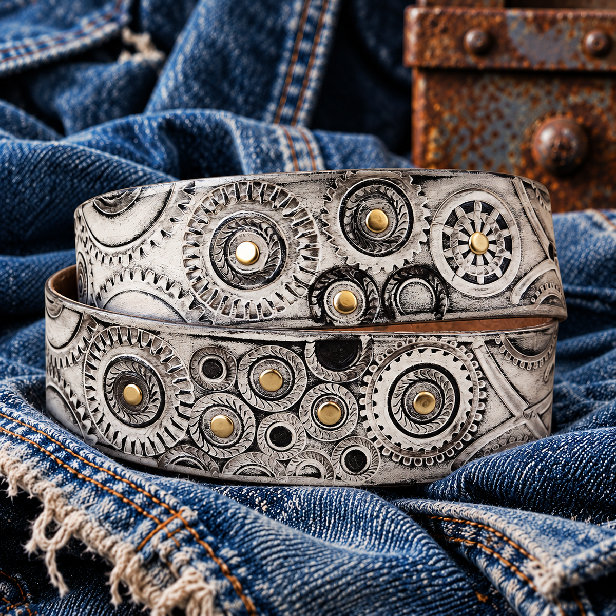 Rolled white biker belt showing hammered gear pattern and brass rivets, back view