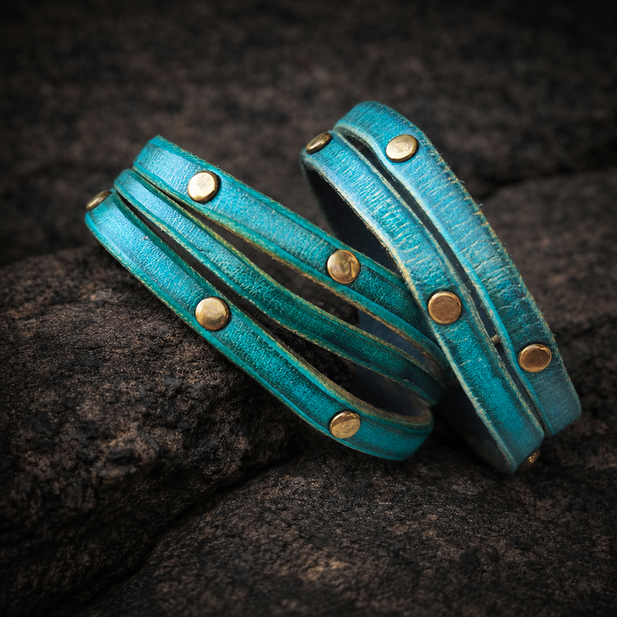 Women's Handmade Turquoise Leather Bracelet with  Green Wash and touch of gold decorate with Elegant Gold pieces