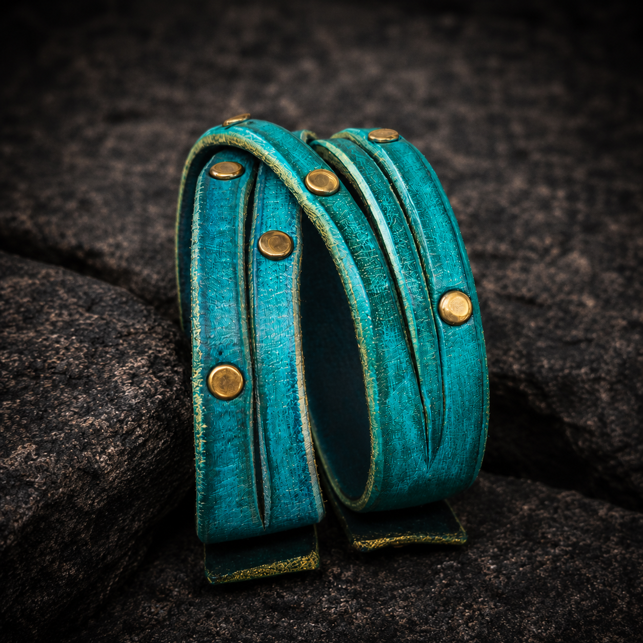 Women's Handmade Turquoise Leather Bracelet with  Green Wash and touch of gold decorate with Elegant Gold pieces