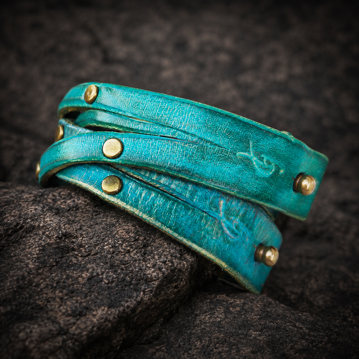 Women's Handmade Turquoise Leather Bracelet with  Green Wash and touch of gold decorate with Elegant Gold pieces