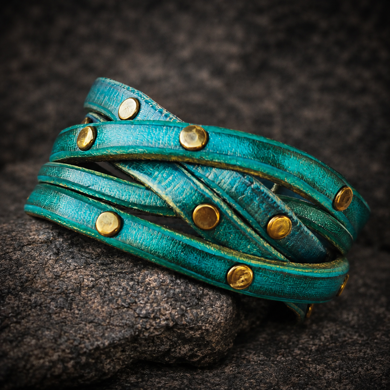 Women's Handmade Turquoise Leather Bracelet with  Green Wash and touch of gold decorate with Elegant Gold pieces