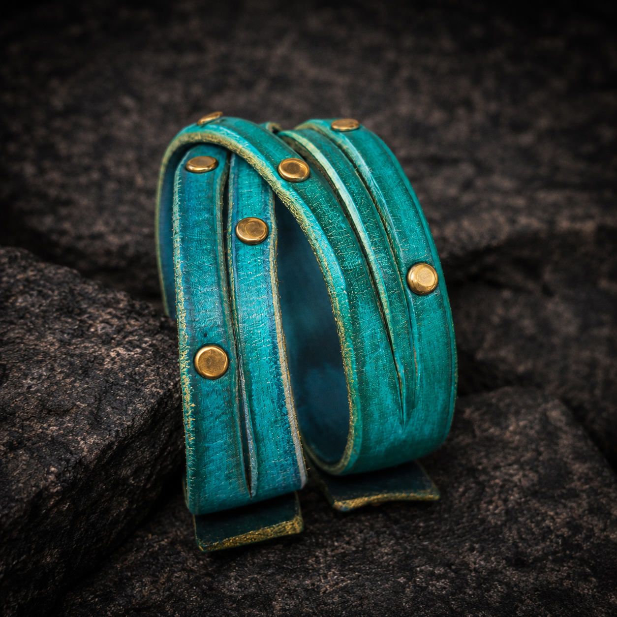 Women's Handmade Turquoise Leather Bracelet with  Green Wash and touch of gold decorate with Elegant Gold pieces