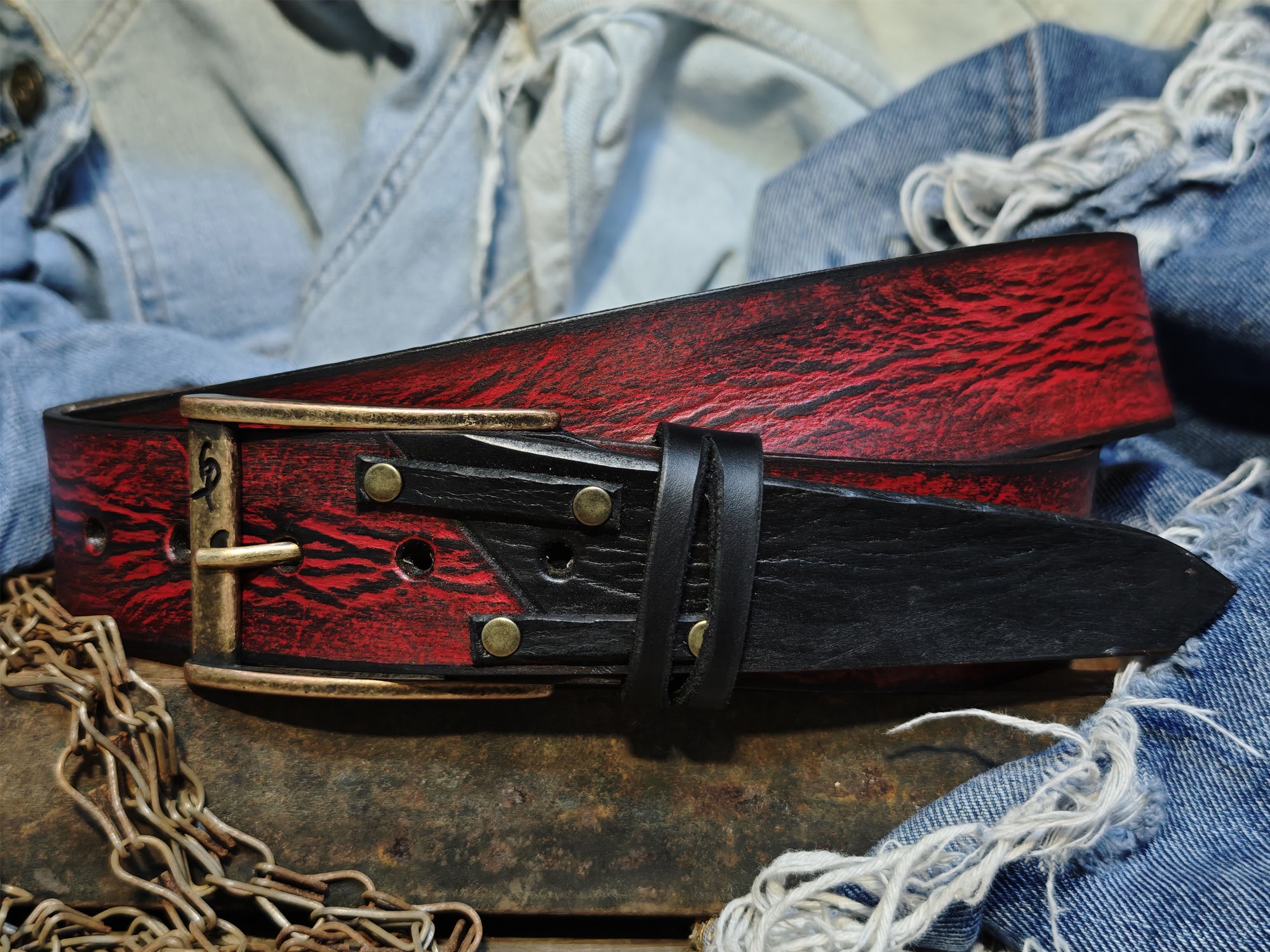 Vintage Red and Black Leather Belt for Men - Artisan Crafted Design