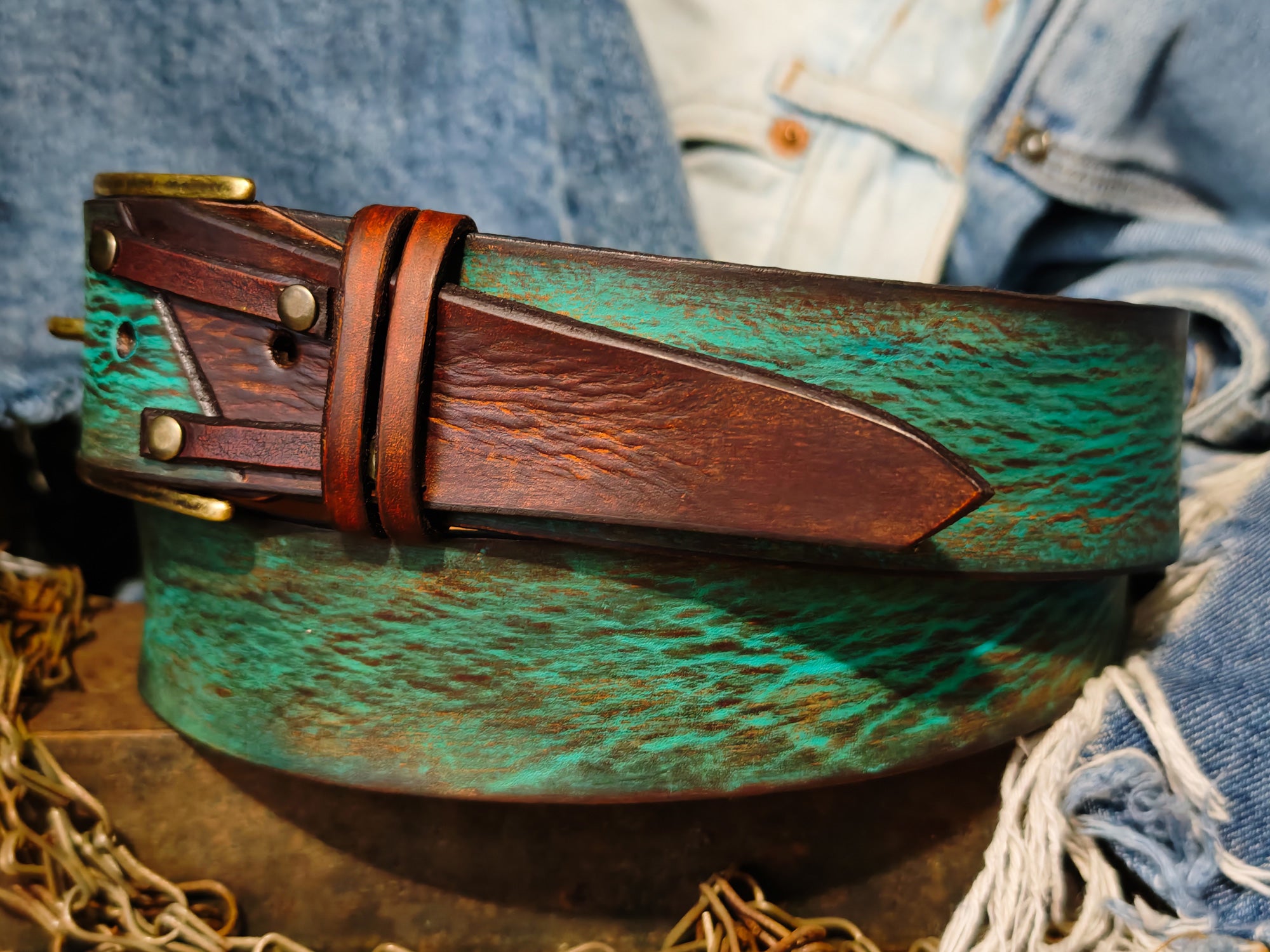 Mens Vintage Leather Belt Turquoise Customized Gift for Him