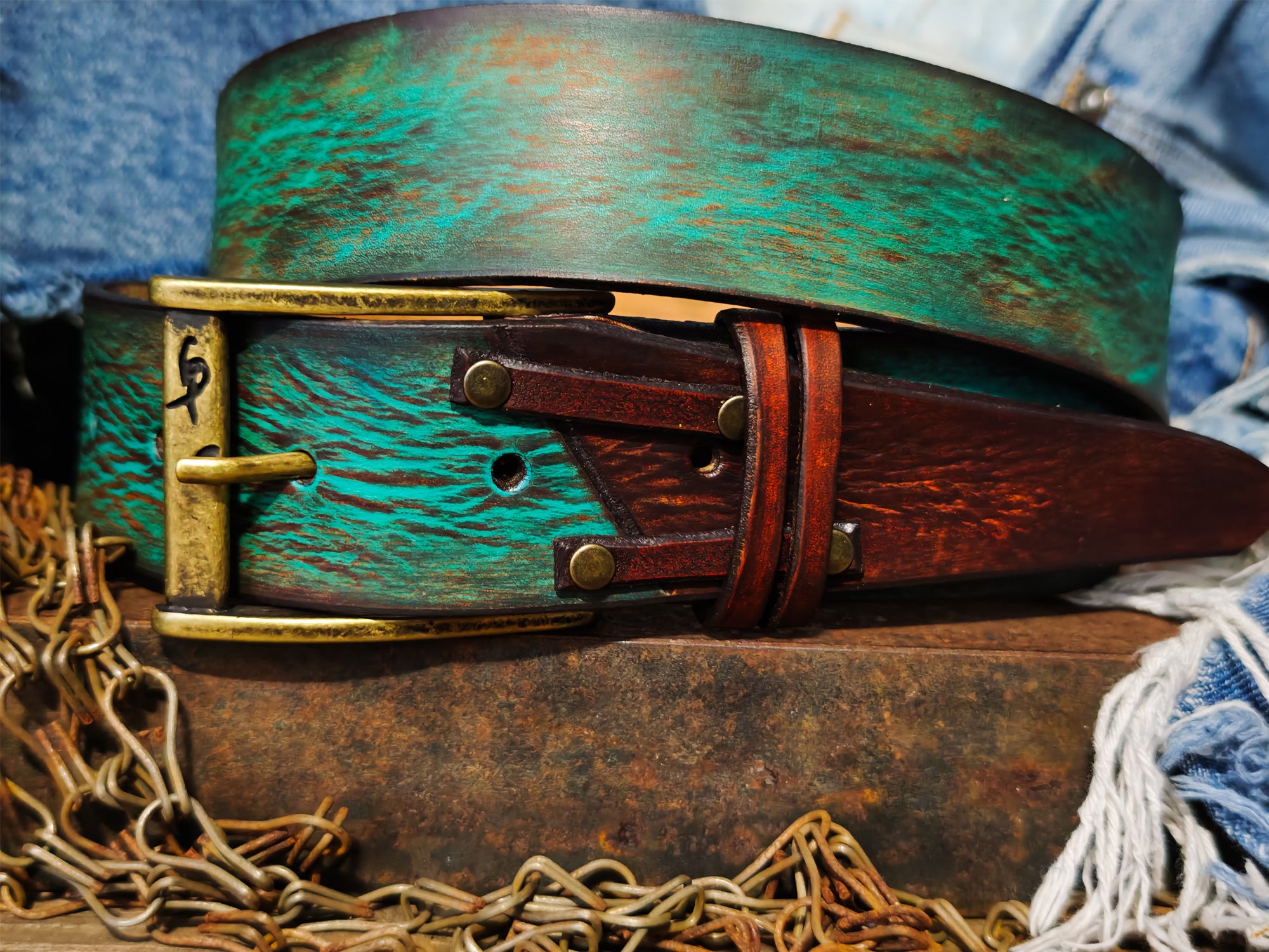 Mens Vintage Leather Belt Turquoise Customized Gift for Him