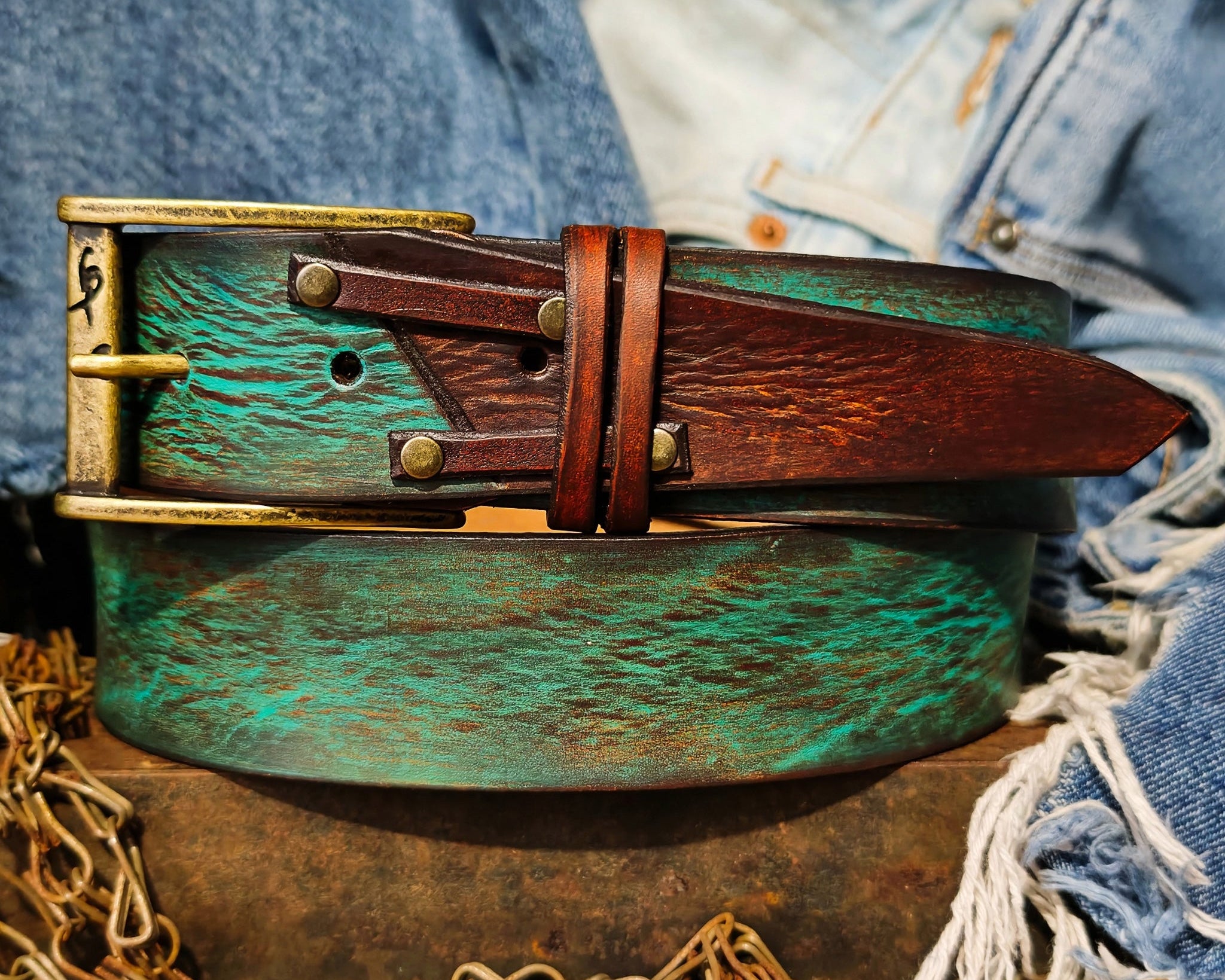 Mens Vintage Leather Belt Turquoise Customized Gift for Him