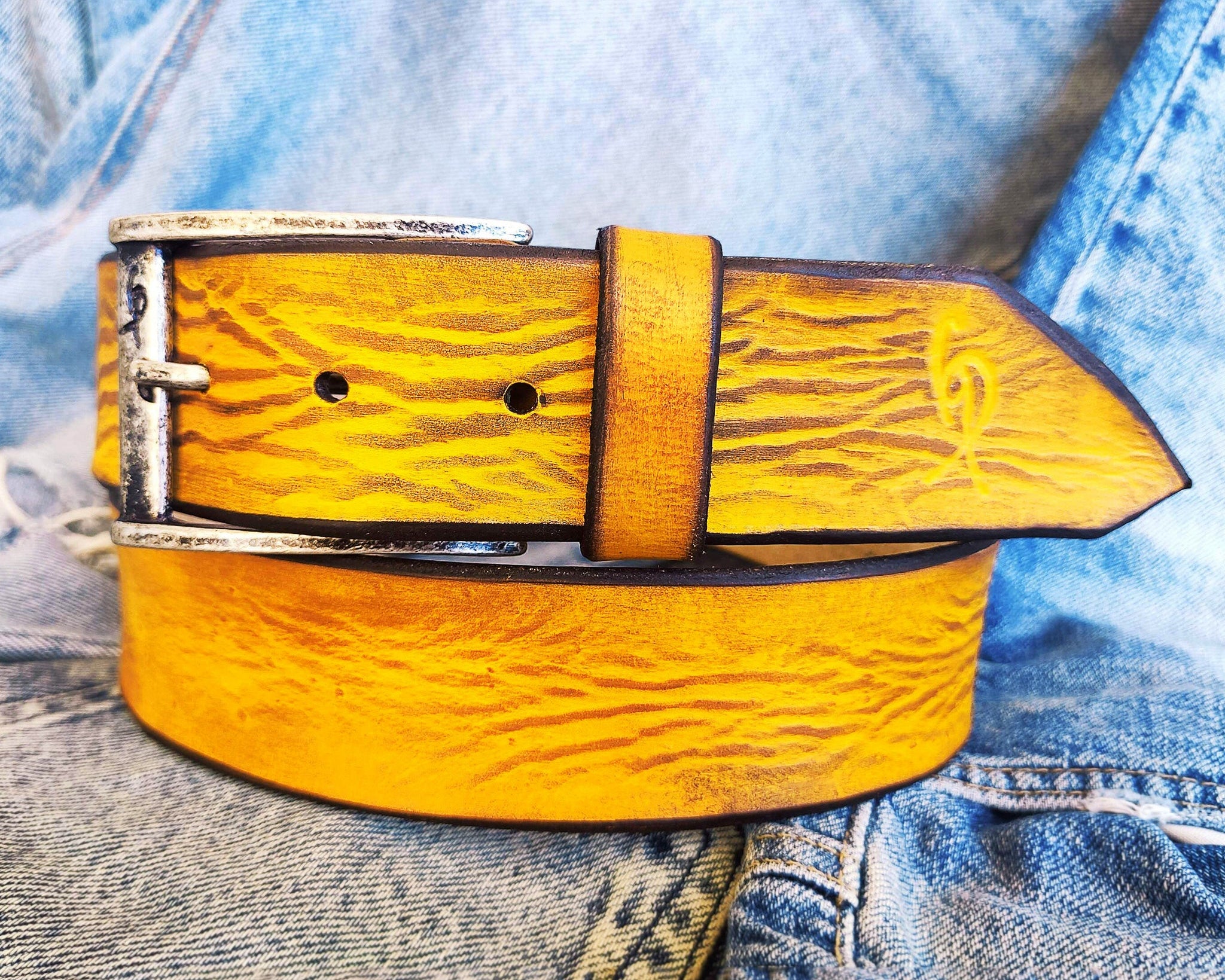 Yellow Leather Belt for Jeans Personalized Gift with Name