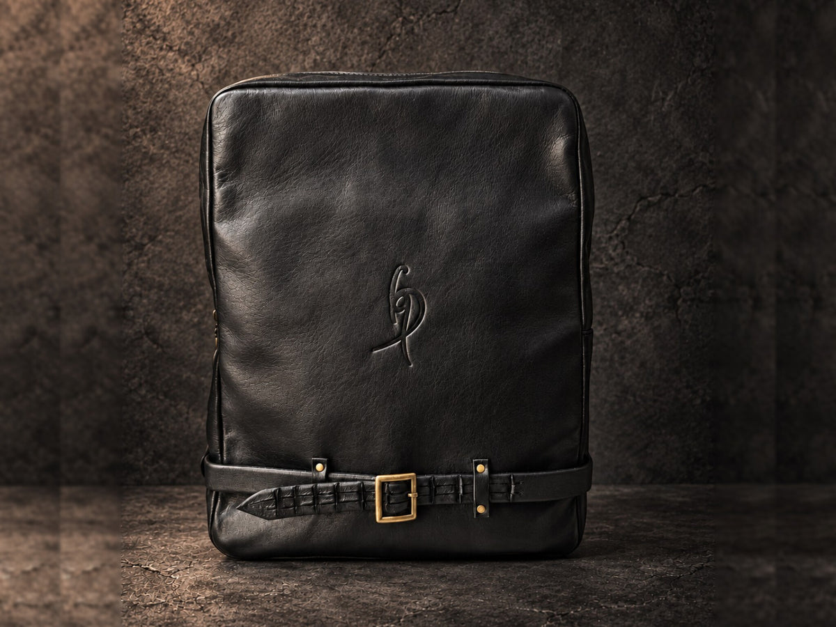 Black genuine leather laptop backpack with crocodile-embossed strap and brass buckle – handmade ISHAOR