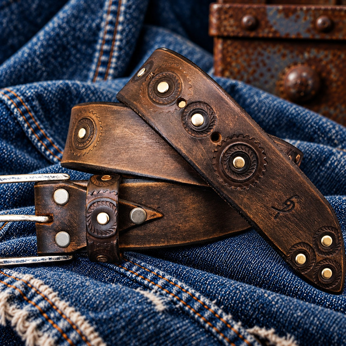 Handmade brown biker leather belt by ISHAOR with stamped motorcycle gears and brass rivets, coiled on denim