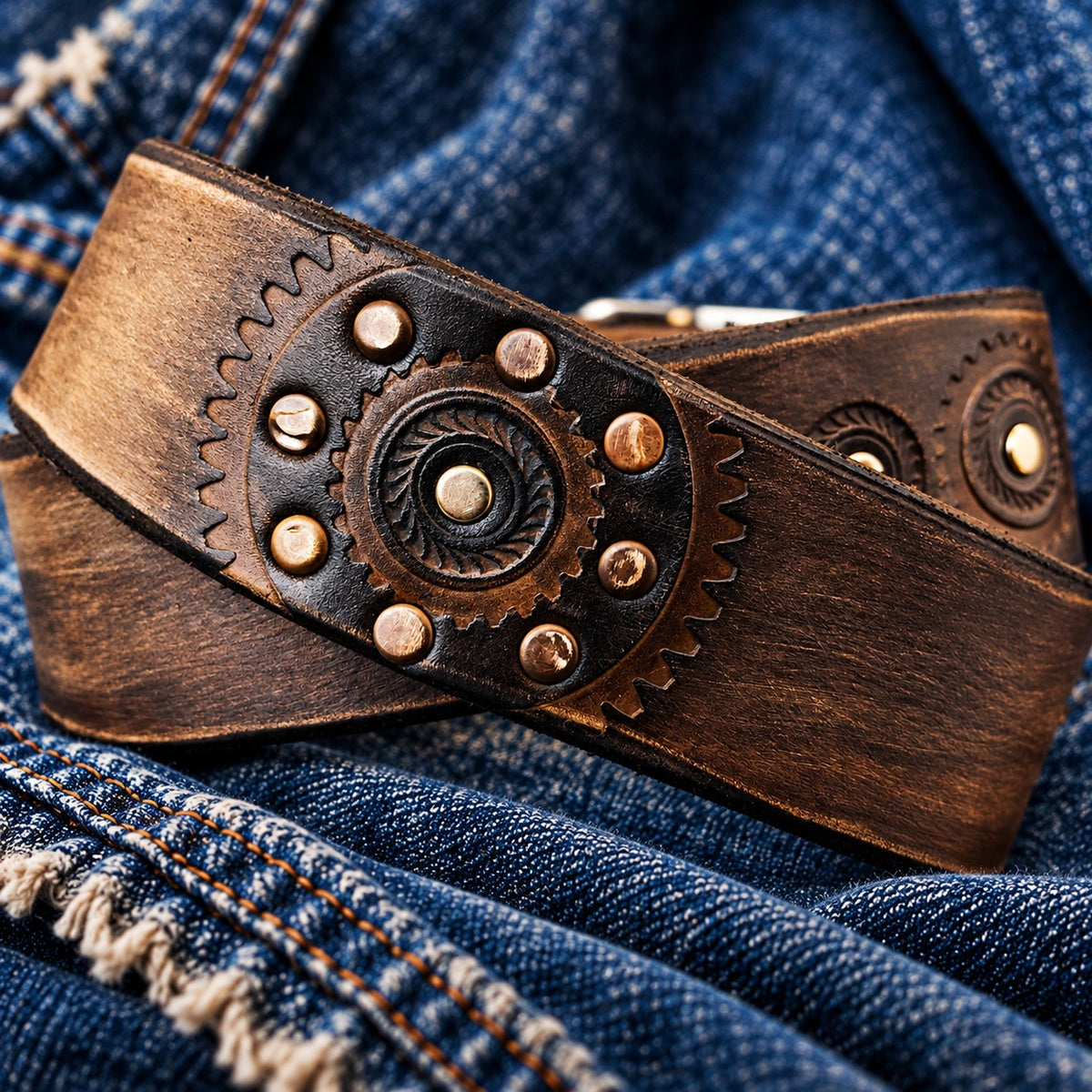 Close-up of a hand-stamped motorcycle gear with copper rivets on a distressed brown leather belt
