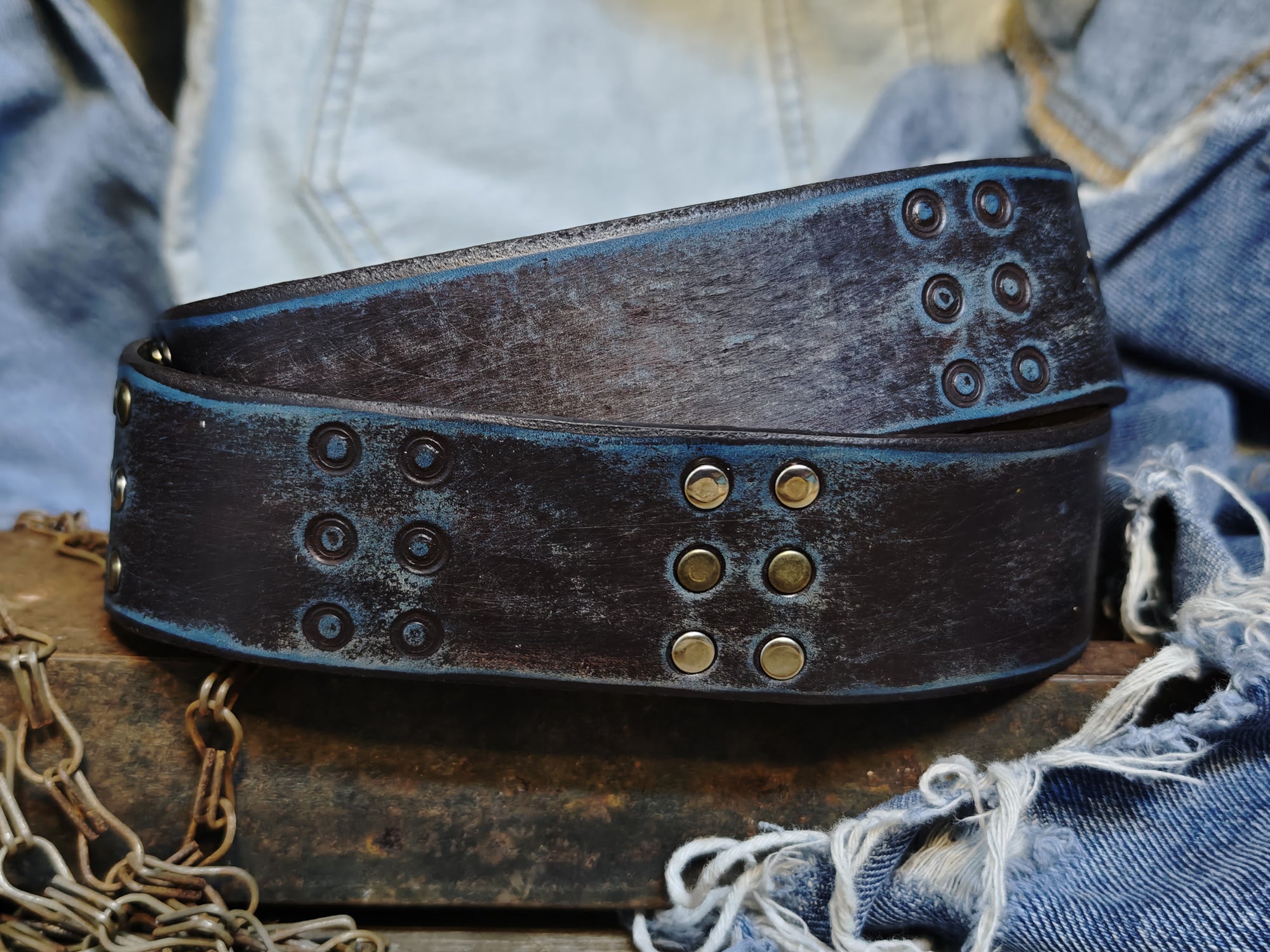 Handmade Brown Leather Belt with Blue Wash, Hi-Fi Stamped Design, Heavy-Duty Punk Rock Style