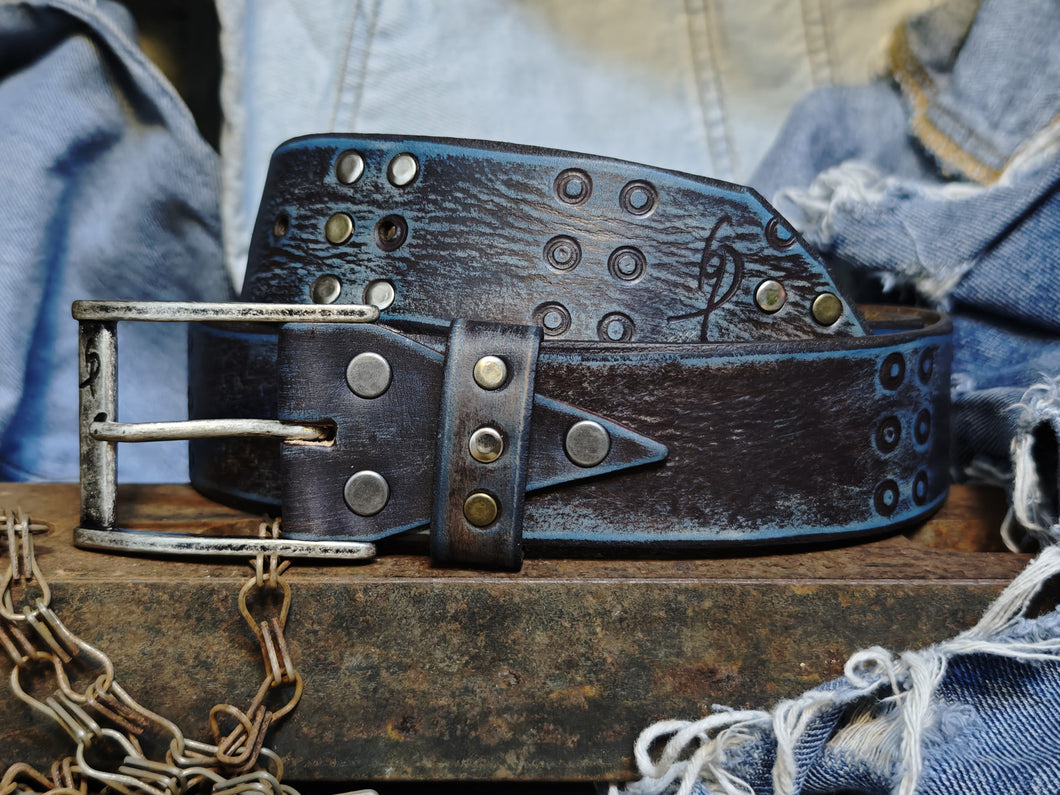 Handmade Brown Leather Belt with Blue Wash, Hi-Fi Stamped Design, Heavy-Duty Punk Rock Style