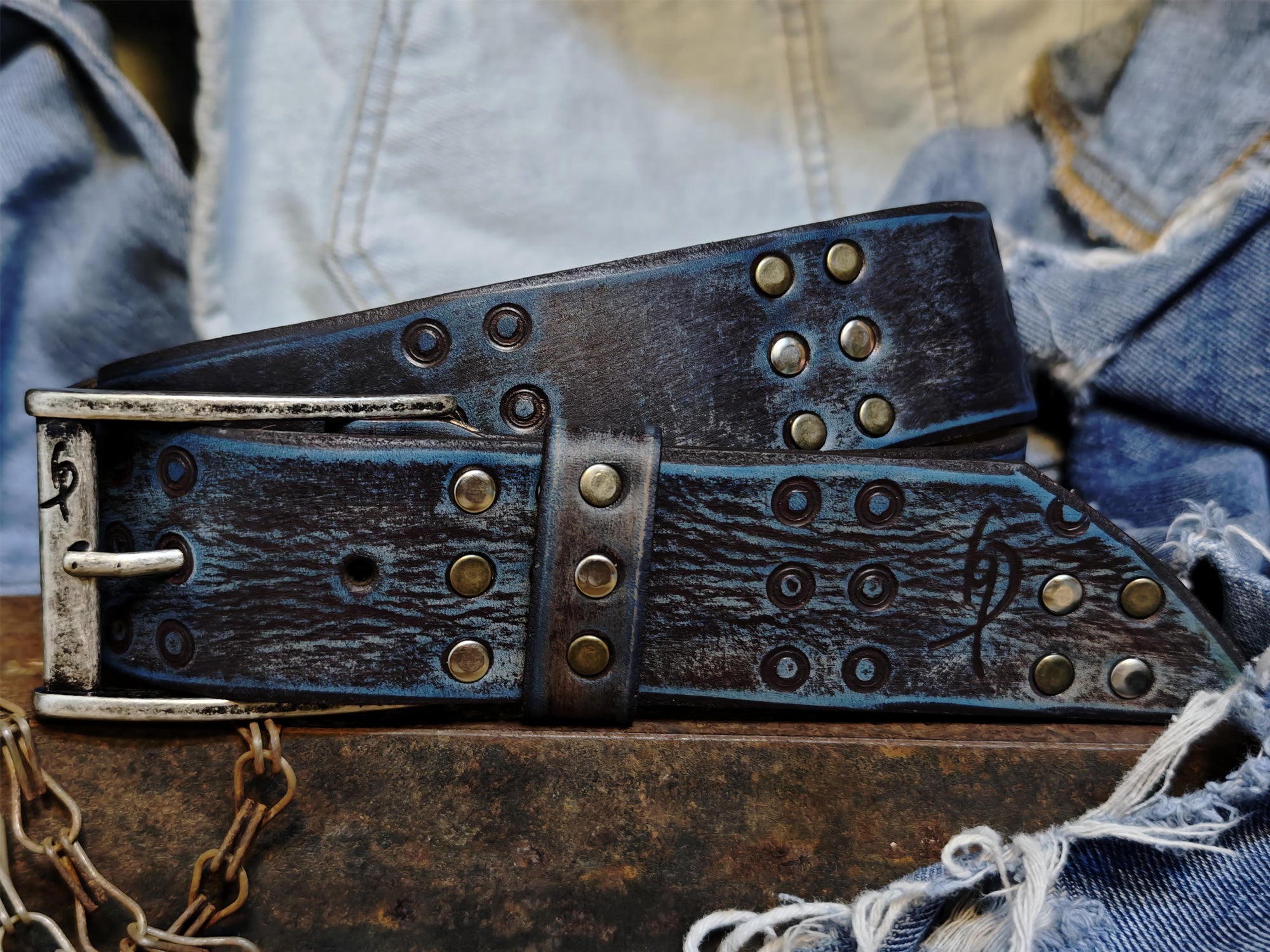 Handmade Brown Leather Belt with Blue Wash, Hi-Fi Stamped Design, Heavy-Duty Punk Rock Style