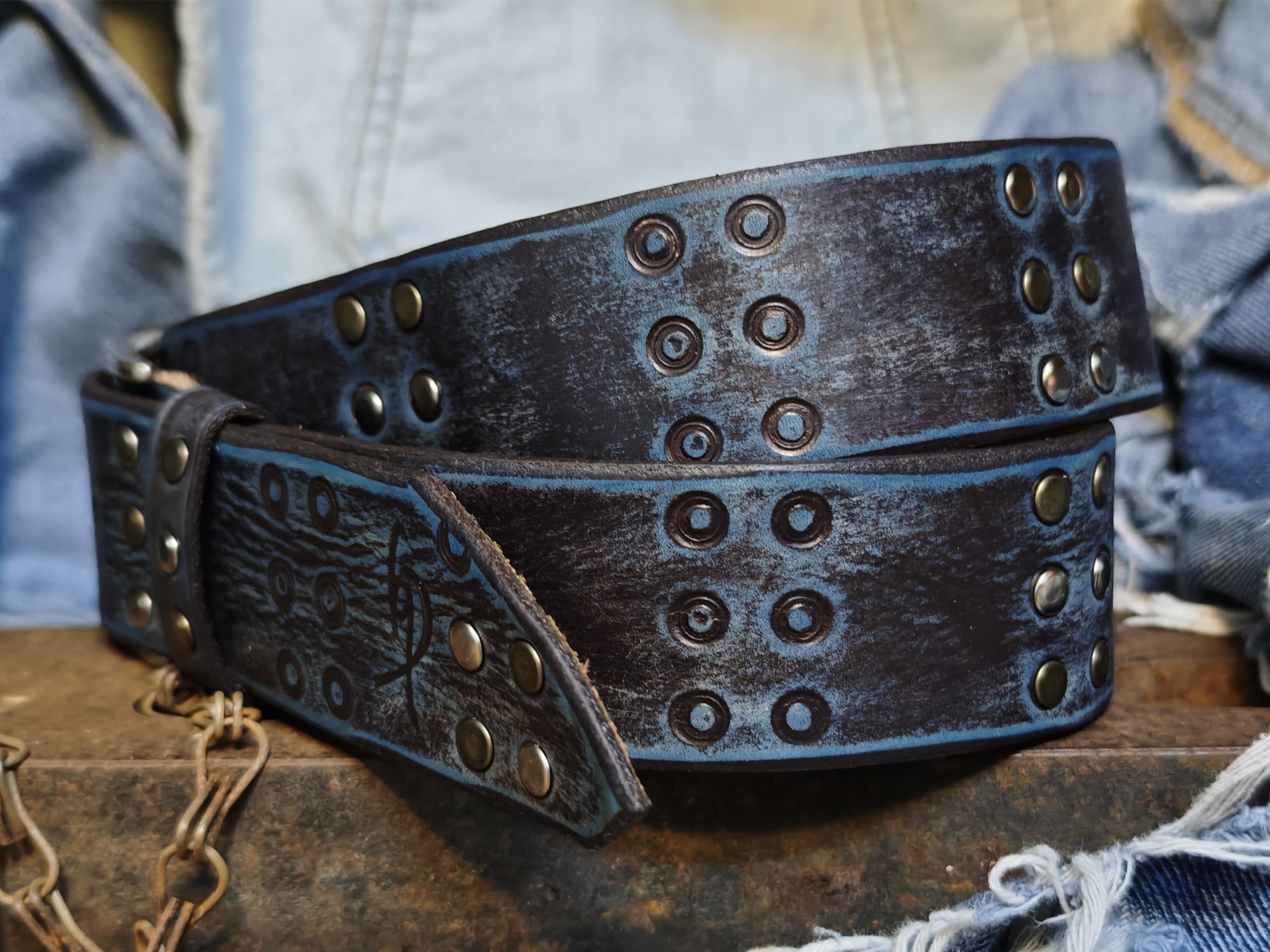 Handmade Brown Leather Belt with Blue Wash, Hi-Fi Stamped Design, Heavy-Duty Punk Rock Style