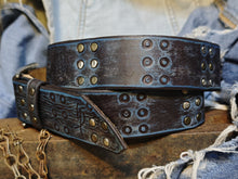 Handmade Brown Leather Belt with Blue Wash, Hi-Fi Stamped Design, Heavy-Duty Punk Rock Style