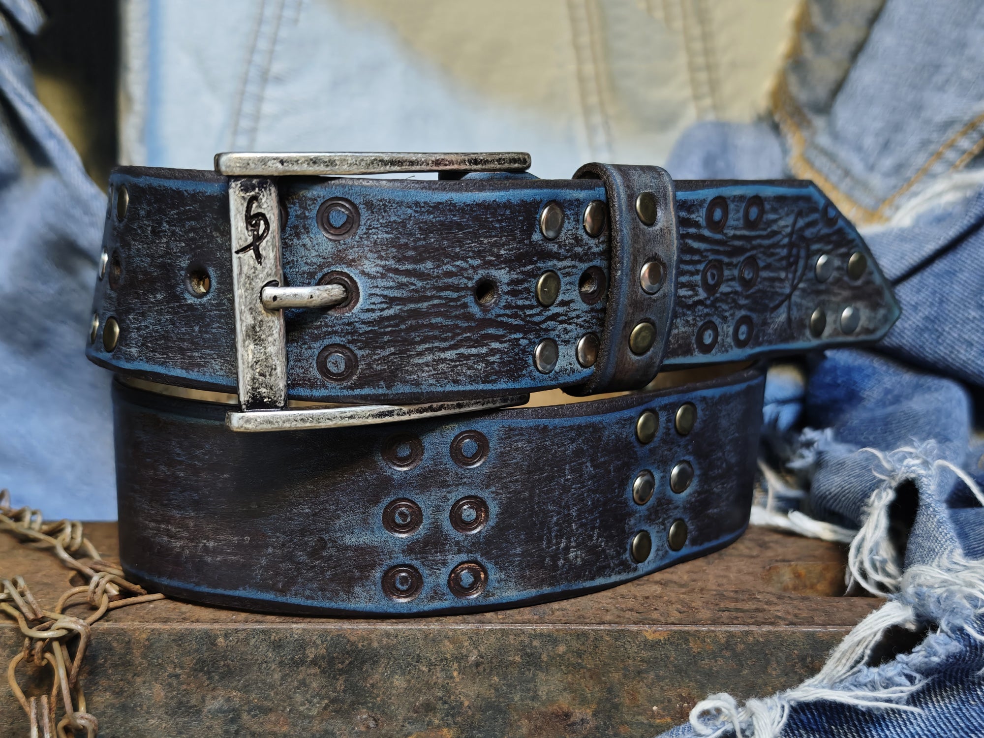 Handmade Brown Leather Belt with Blue Wash, Hi-Fi Stamped Design, Heavy-Duty Punk Rock Style