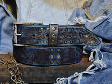 Handmade Brown Leather Belt with Blue Wash, Hi-Fi Stamped Design, Heavy-Duty Punk Rock Style