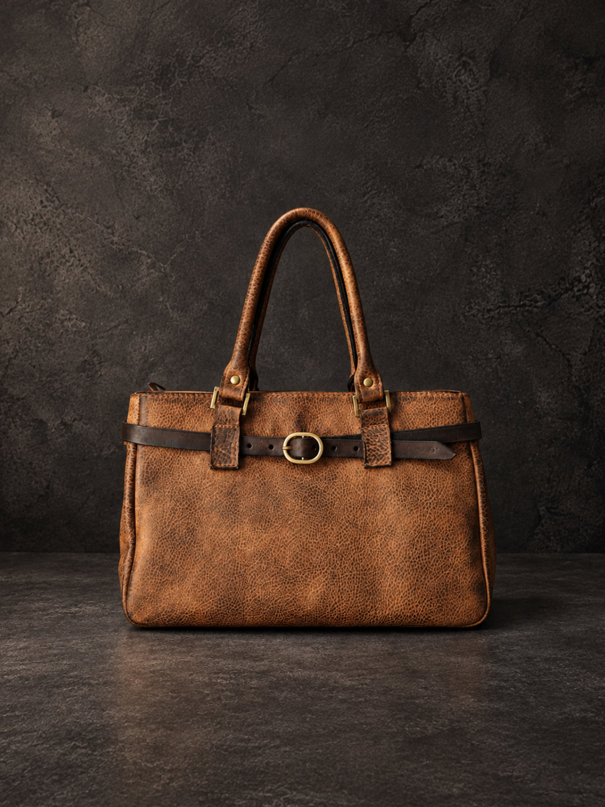 Cognac distressed full-grain leather handbag with two leather handles – ISHAOR