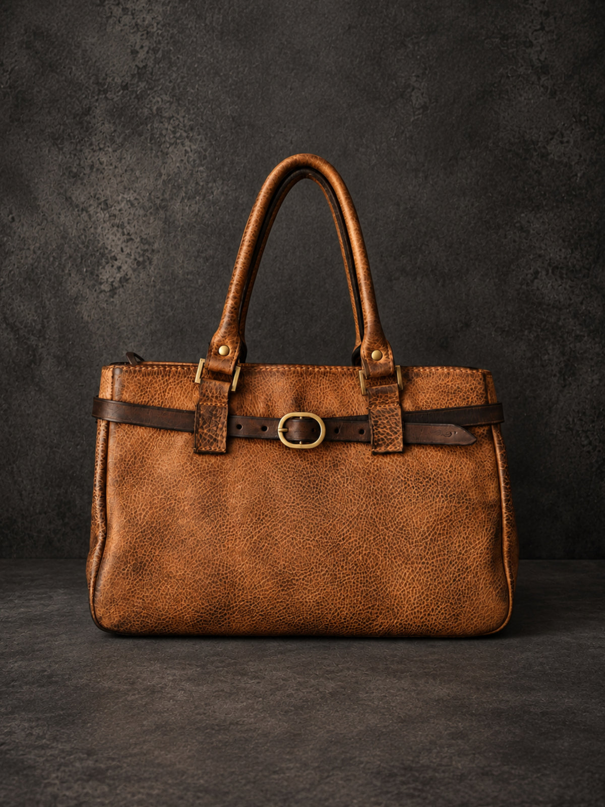 Handmade cognac heritage leather handbag with belt and antique brass buckle – front view