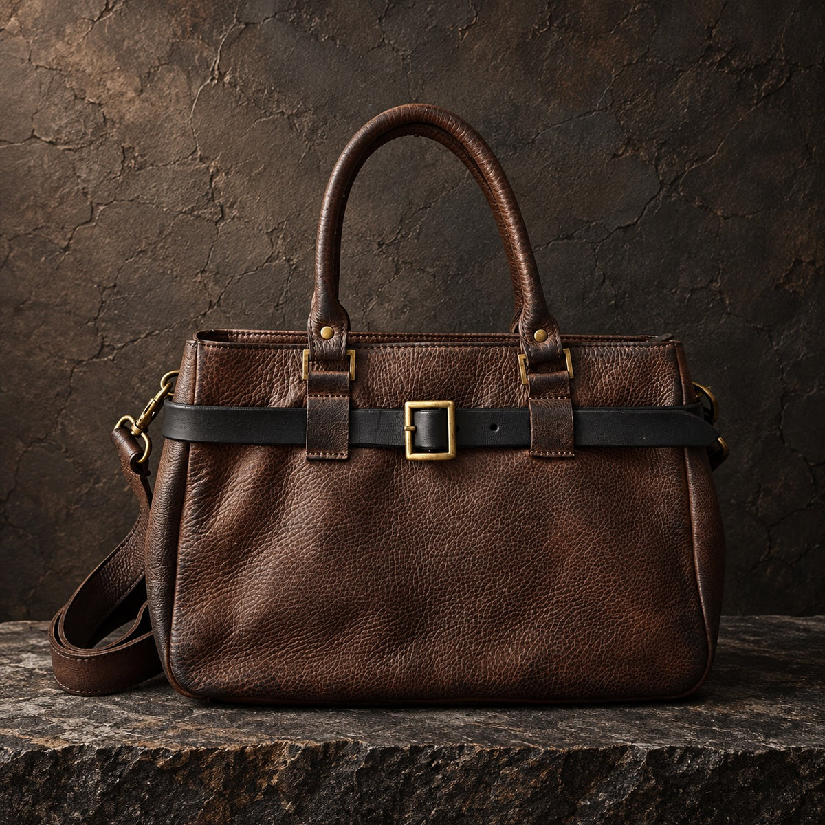 Dark brown leather handbag with detachable crossbody strap