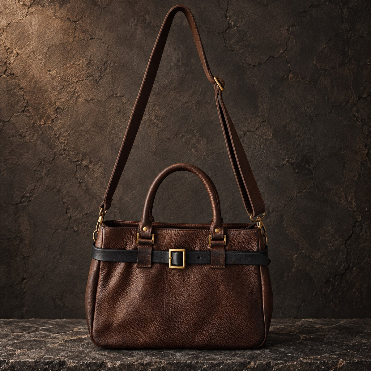 Hand-dyed dark brown leather bag worn as a crossbody with long shoulder strap
