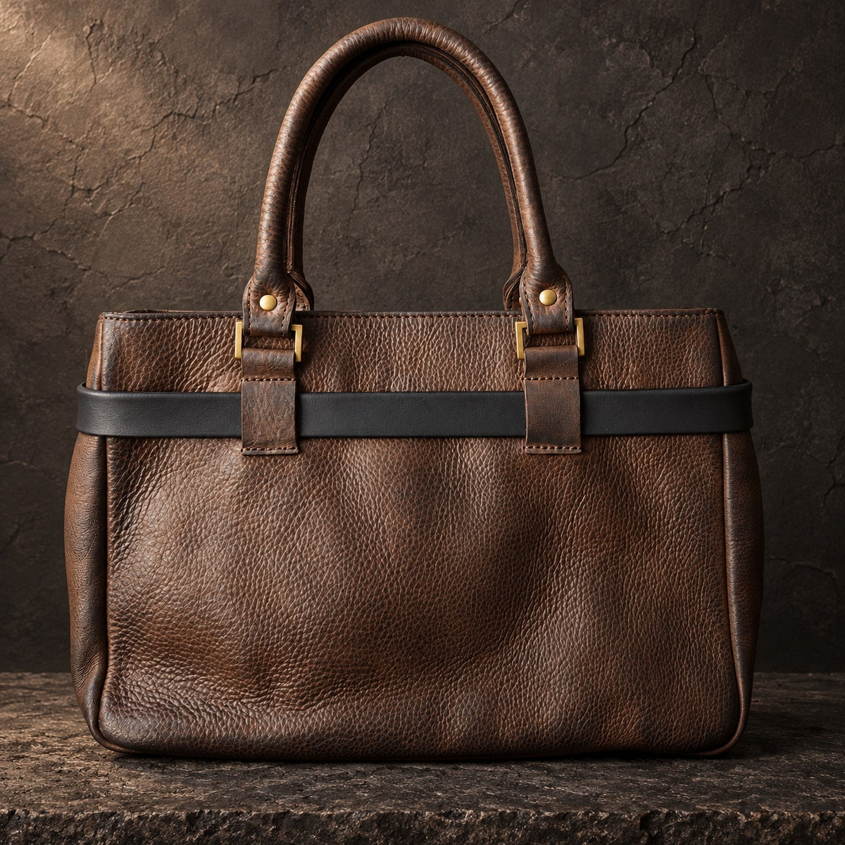 Back view of the dark brown leather handbag with leather belt