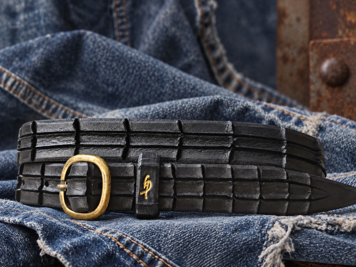Women's Handmade Black Leather Belt – Crocodile-Inspired Carved Texture – Artisan Belt