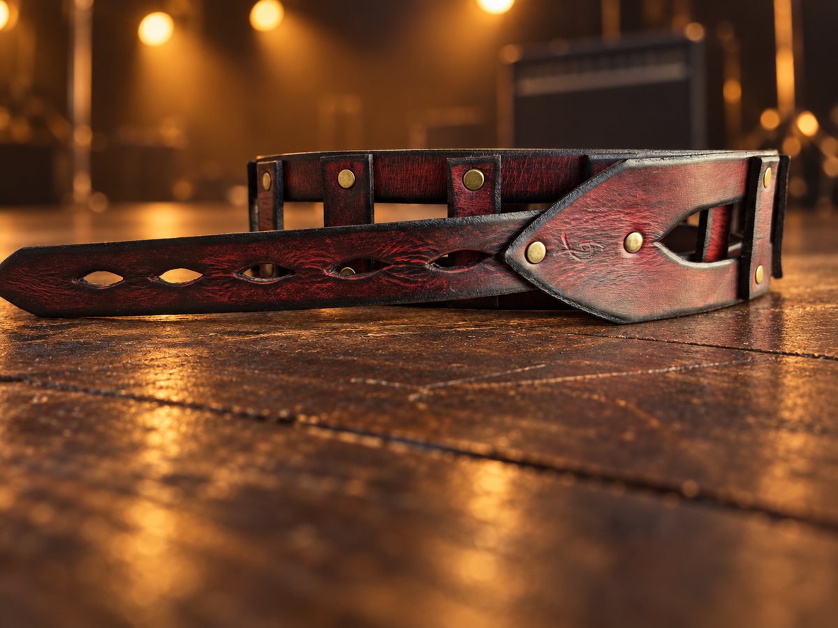 Red Leather Guitar Strap with Brass Rivets - Personalized Musician Gift