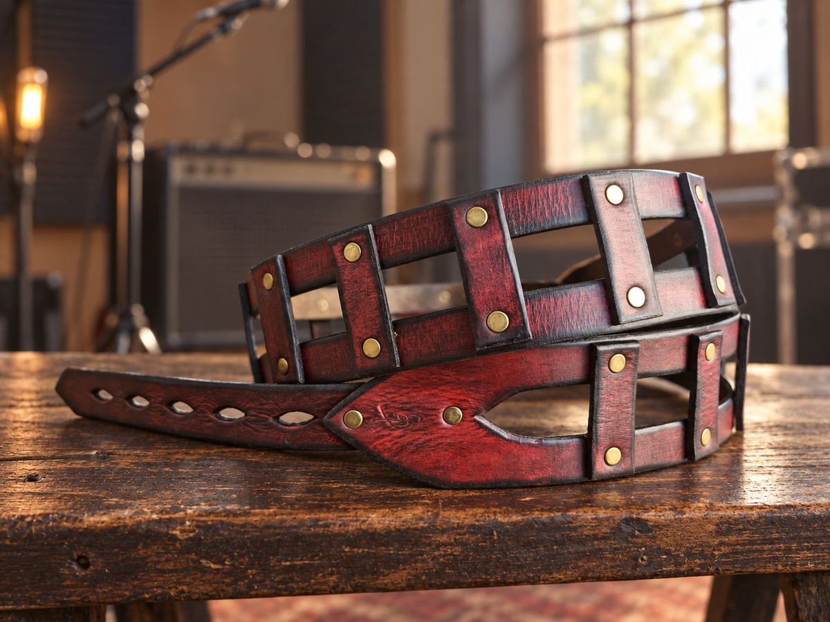 Red Leather Guitar Strap with Brass Rivets - Personalized Musician Gift