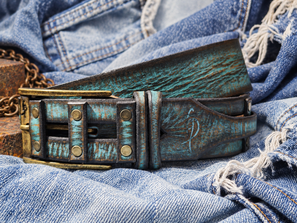 Handcrafted Distressed Turquoise & Brown Leather Belt for Men – Riveted Vintage Designer Belt by ISHAOR