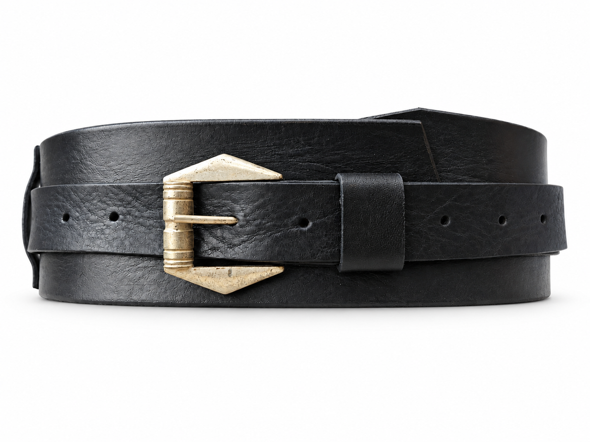 Convertible Black Leather Waist Belt with Gold-Tone Buckle & Layered Chains