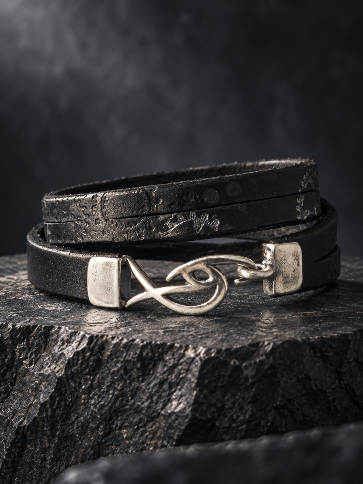 Men’s Black Leather Wrap Bracelet with Signature Silver-Tone Logo Clasp