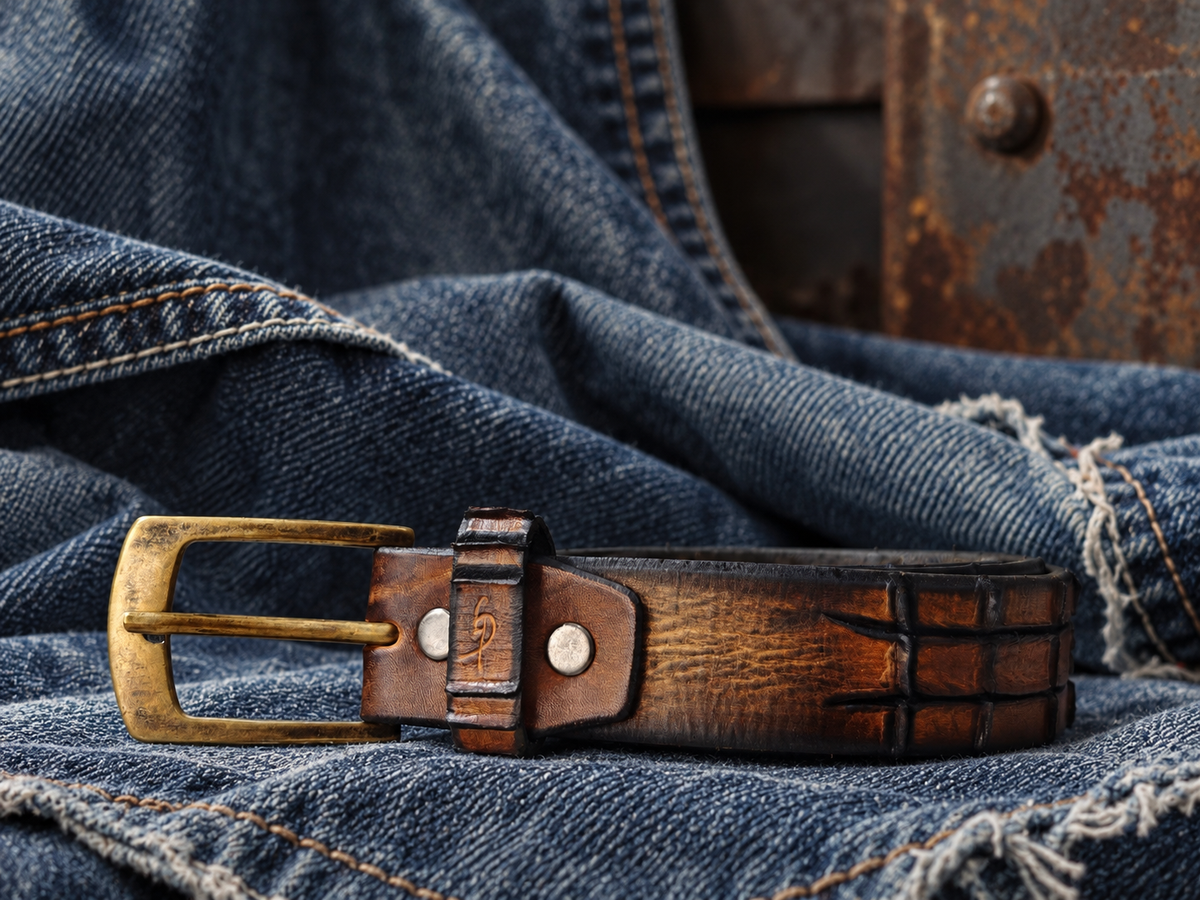 Handmade Brown Leather Belt – Hand-Carved Crocodile-Inspired Texture – Artisan Leather Belt