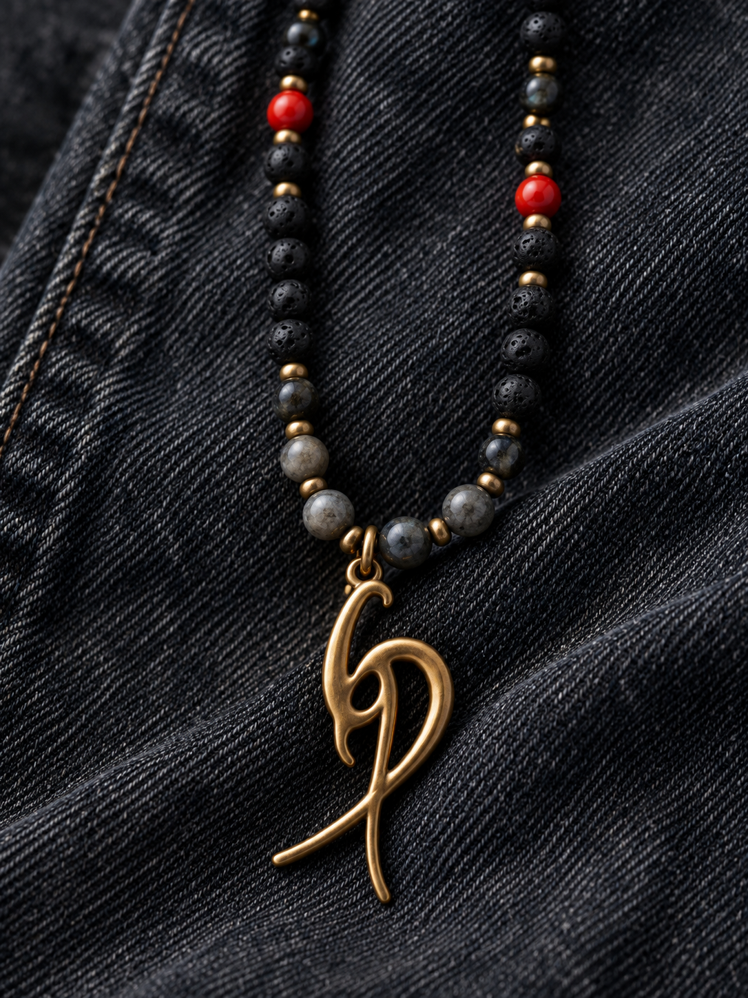 Men’s Black Beaded Necklace with Red Accents & Signature Gold-Tone Pendant