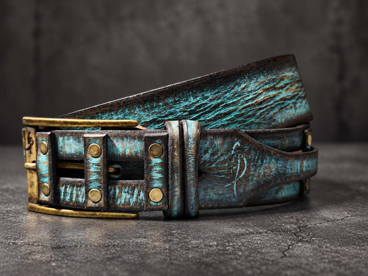Handcrafted Distressed Turquoise & Brown Leather Belt for Men – Riveted Vintage Designer Belt by ISHAOR