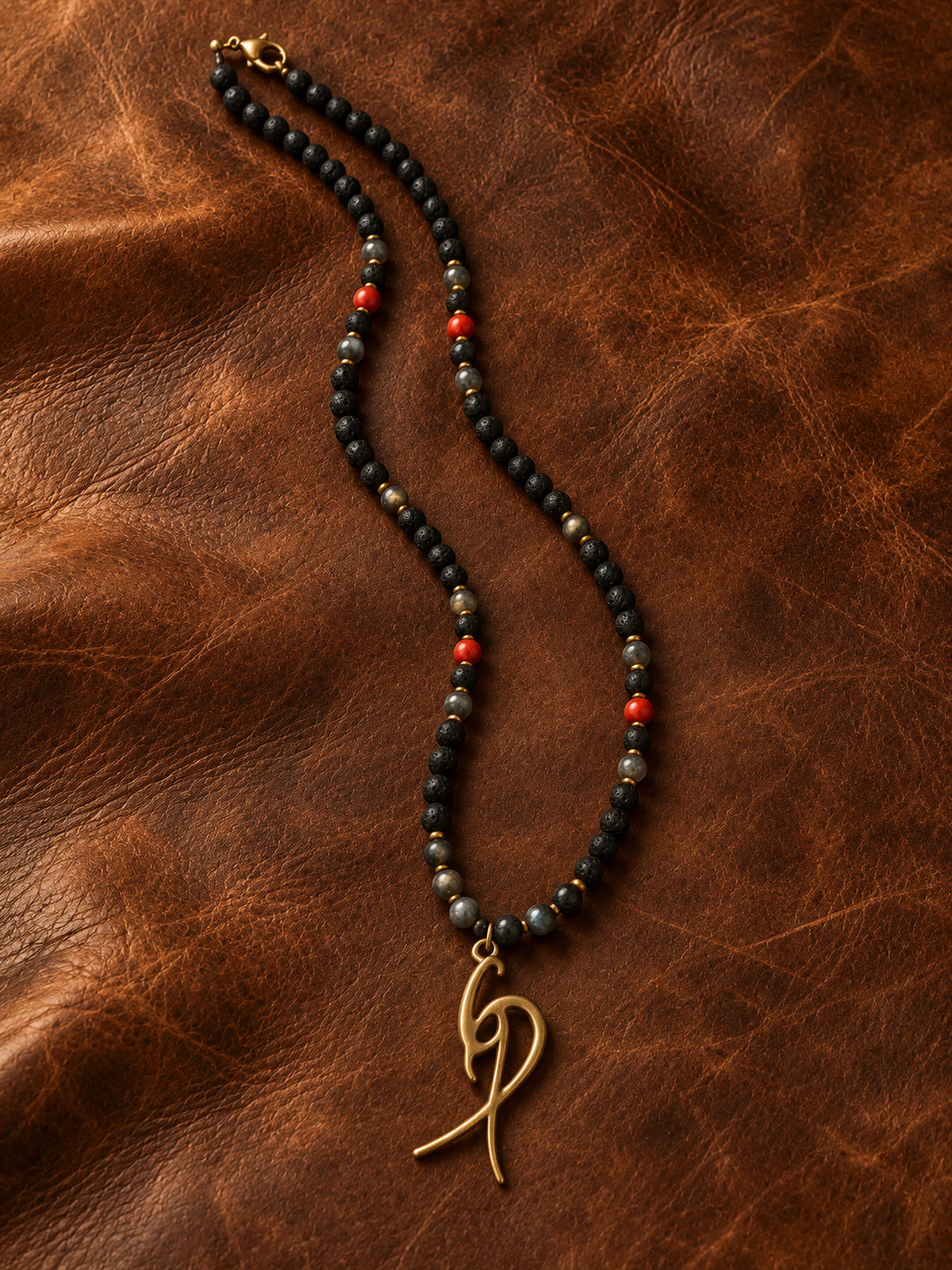 Men’s Black Beaded Necklace with Red Accents & Signature Gold-Tone Pendant