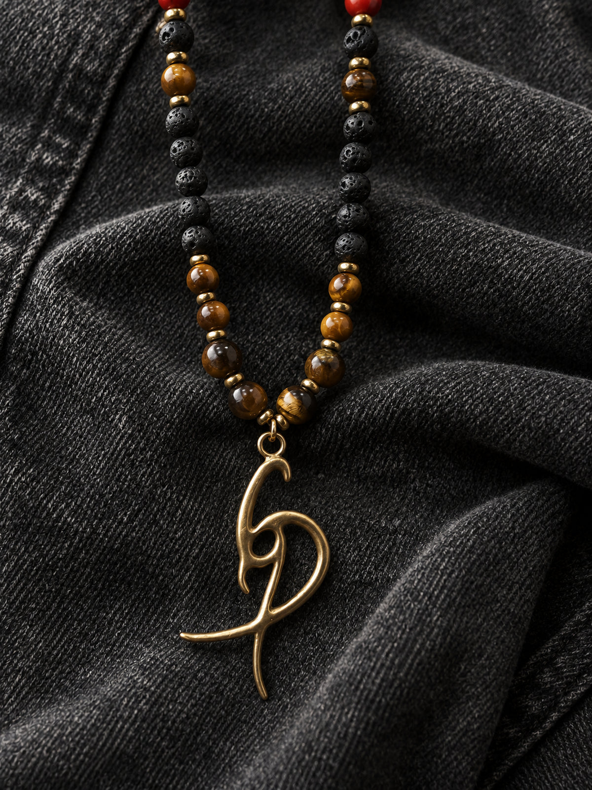Men’s Black & Brown Beaded Necklace with Red Accents and Gold-Tone Pendant
