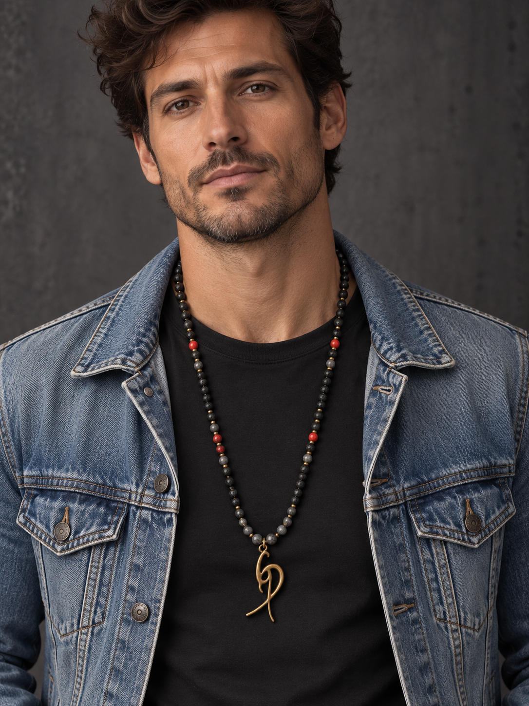 Men’s Black Beaded Necklace with Red Accents & Signature Gold-Tone Pendant