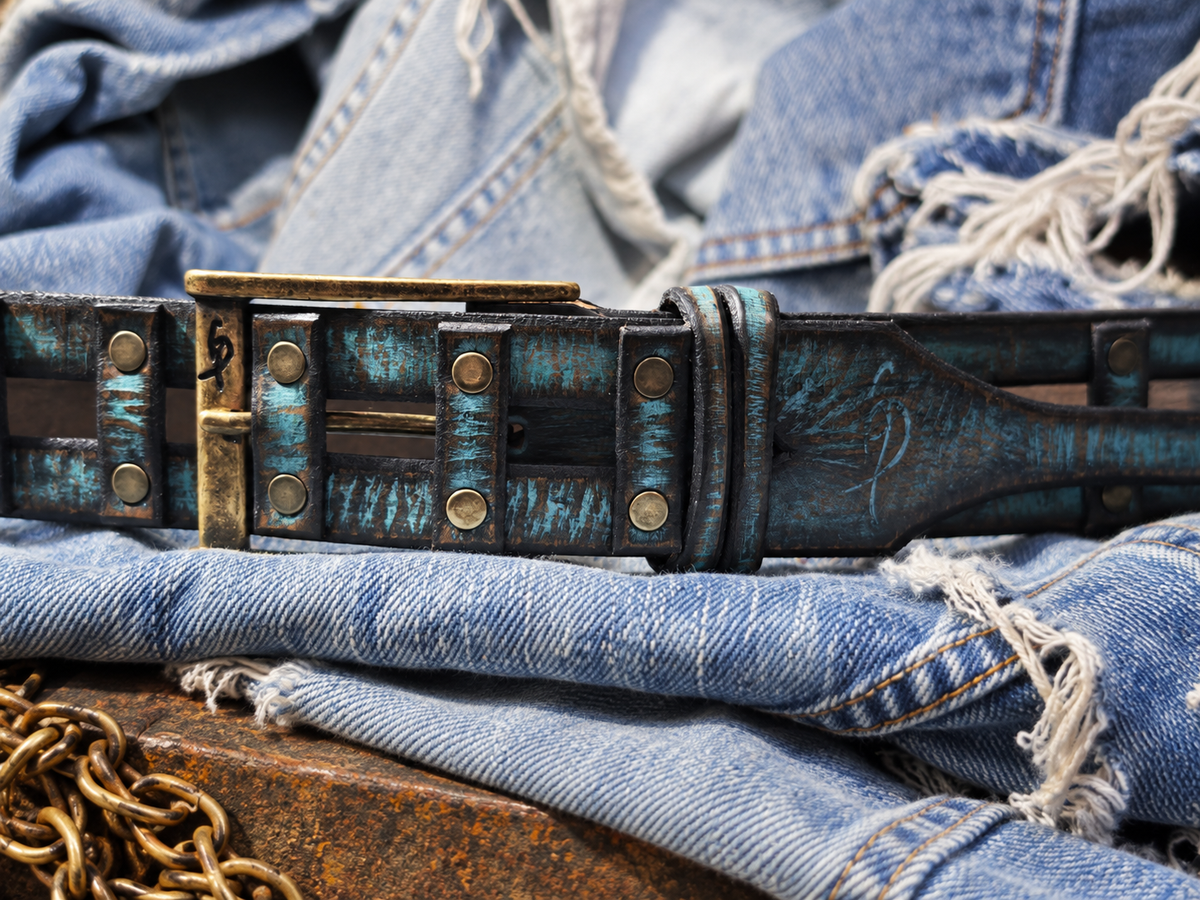 Handcrafted Distressed Turquoise & Brown Leather Belt for Men – Riveted Vintage Designer Belt by ISHAOR